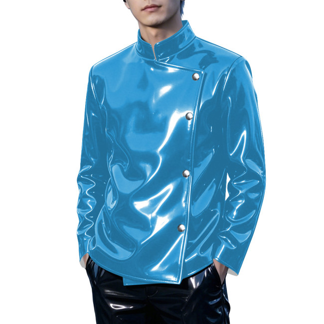 Mens Club Shiny PVC Leather Stand Collar Jacket Punk Oblique Placket Buttons Long Sleeve Slim Coat Wet Look Night Out Glossy Top