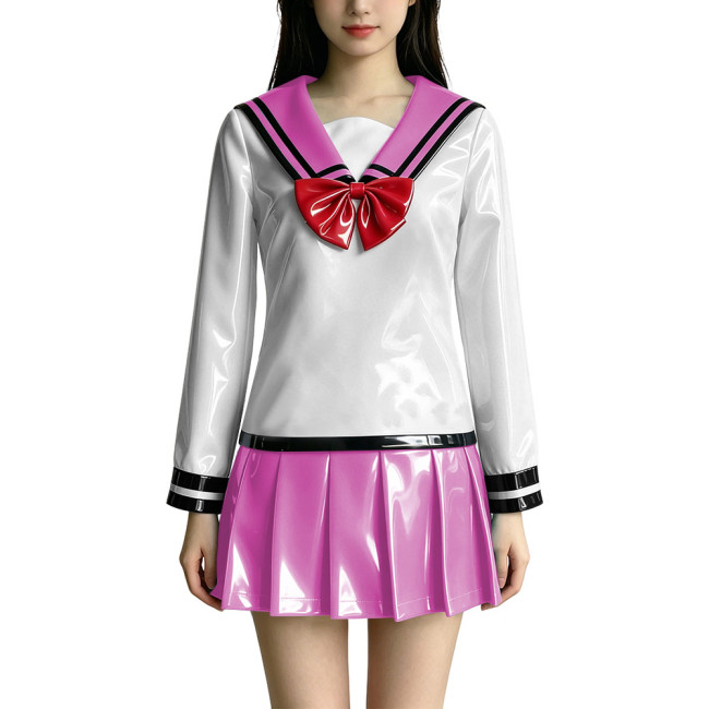Anime PVC Glossy Leather JK Uniform Sailor Skirt Suit Full Sleeve Sailor Collar Top Mini Pleated Skirt Halloween Cosplay Outfits