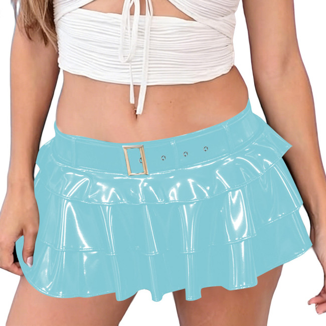Punk Shiny PVC Pleated Vinyl Mini Skirt Fetish Sexy Low Waist Tiered Ruffle Short Belted Skirts Club Party Fancy Dress Outfits