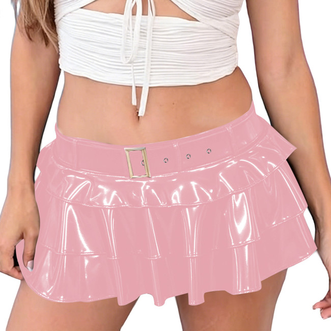 Punk Shiny PVC Pleated Vinyl Mini Skirt Fetish Sexy Low Waist Tiered Ruffle Short Belted Skirts Club Party Fancy Dress Outfits