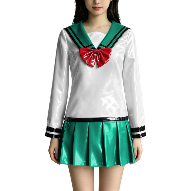 Anime PVC Glossy Leather JK Uniform Sailor Skirt Suit Full Sleeve Sailor Collar Top Mini Pleated Skirt Halloween Cosplay Outfits