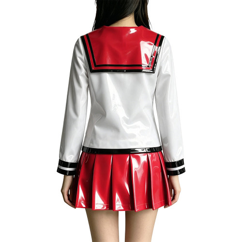 Anime PVC Glossy Leather JK Uniform Sailor Skirt Suit Full Sleeve Sailor Collar Top Mini Pleated Skirt Halloween Cosplay Outfits