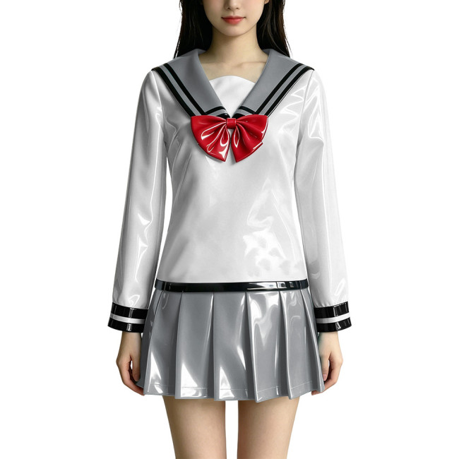 Anime PVC Glossy Leather JK Uniform Sailor Skirt Suit Full Sleeve Sailor Collar Top Mini Pleated Skirt Halloween Cosplay Outfits