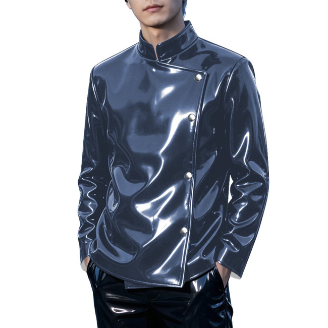 Mens Club Shiny PVC Leather Stand Collar Jacket Punk Oblique Placket Buttons Long Sleeve Slim Coat Wet Look Night Out Glossy Top
