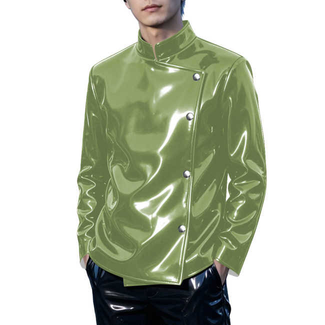 Mens Club Shiny PVC Leather Stand Collar Jacket Punk Oblique Placket Buttons Long Sleeve Slim Coat Wet Look Night Out Glossy Top