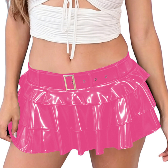 Punk Shiny PVC Pleated Vinyl Mini Skirt Fetish Sexy Low Waist Tiered Ruffle Short Belted Skirts Club Party Fancy Dress Outfits