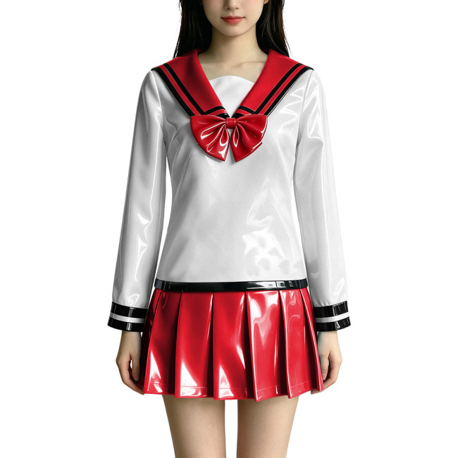 Anime PVC Glossy Leather JK Uniform Sailor Skirt Suit Full Sleeve Sailor Collar Top Mini Pleated Skirt Halloween Cosplay Outfits