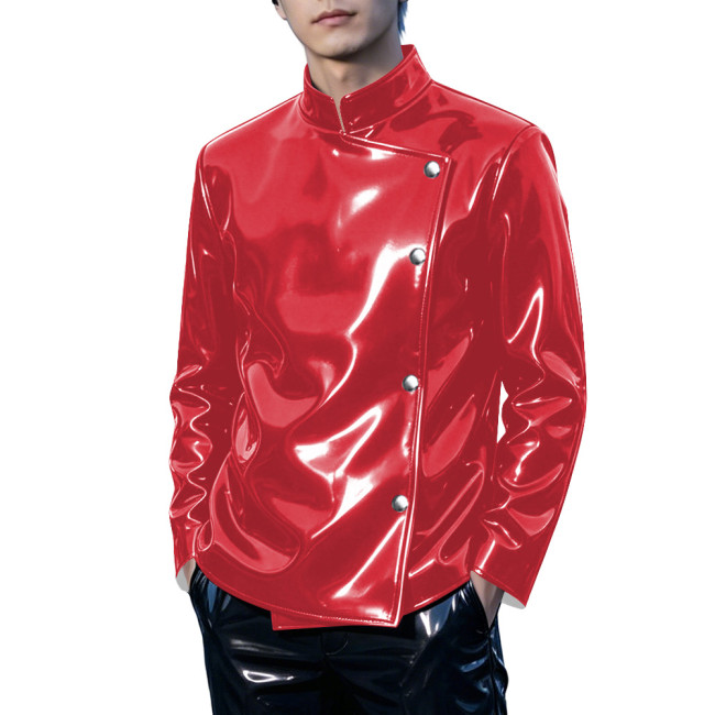 Mens Club Shiny PVC Leather Stand Collar Jacket Punk Oblique Placket Buttons Long Sleeve Slim Coat Wet Look Night Out Glossy Top