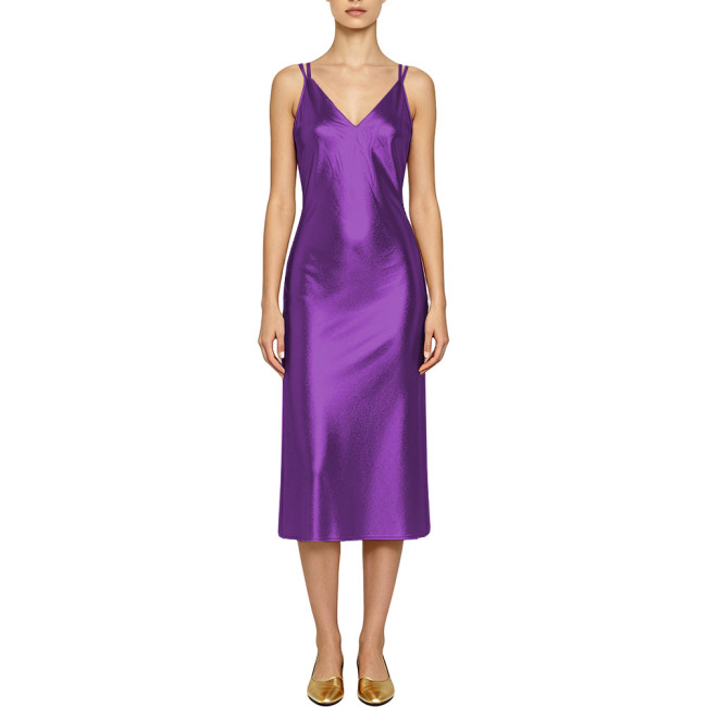 Plus Size Shiny Metallic Spaghetti Strap Mid Slip Dress Sexy Backless V Neck Sleeveless Summer Slim Dresses Camisole Vestidos