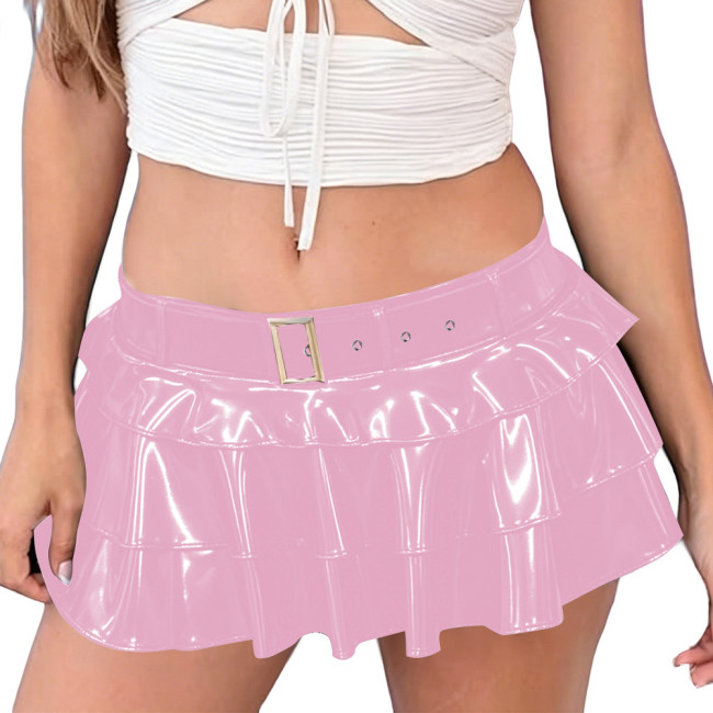 Punk Shiny PVC Pleated Vinyl Mini Skirt Fetish Sexy Low Waist Tiered Ruffle Short Belted Skirts Club Party Fancy Dress Outfits