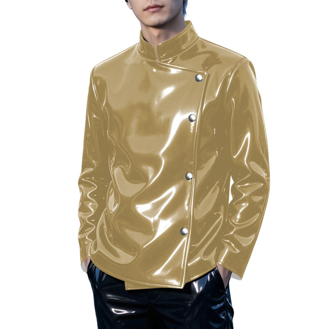 Mens Club Shiny PVC Leather Stand Collar Jacket Punk Oblique Placket Buttons Long Sleeve Slim Coat Wet Look Night Out Glossy Top