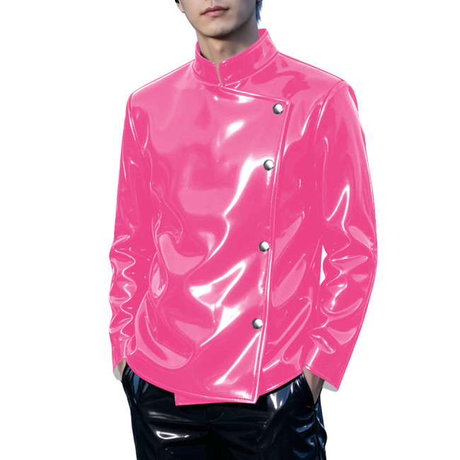 Mens Club Shiny PVC Leather Stand Collar Jacket Punk Oblique Placket Buttons Long Sleeve Slim Coat Wet Look Night Out Glossy Top