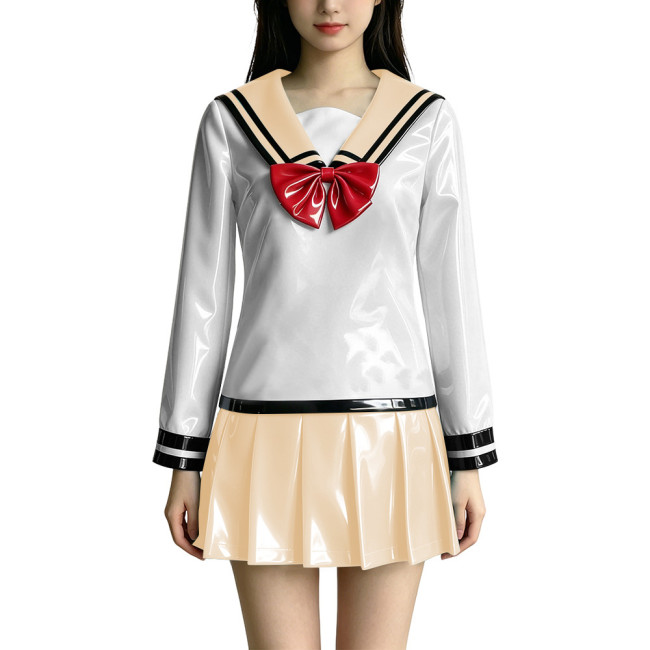 Anime PVC Glossy Leather JK Uniform Sailor Skirt Suit Full Sleeve Sailor Collar Top Mini Pleated Skirt Halloween Cosplay Outfits