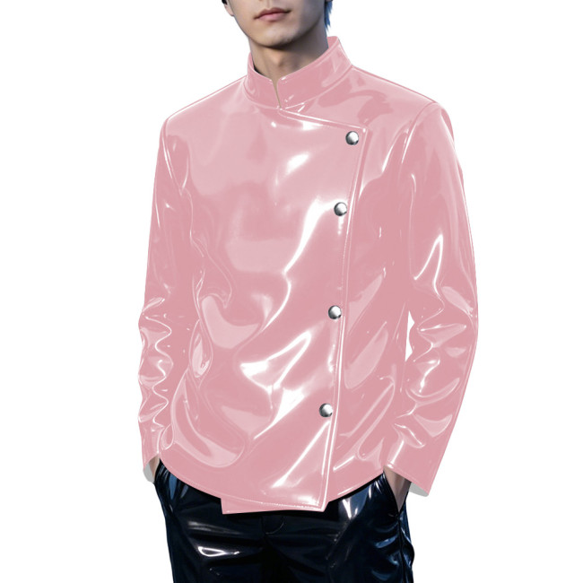 Mens Club Shiny PVC Leather Stand Collar Jacket Punk Oblique Placket Buttons Long Sleeve Slim Coat Wet Look Night Out Glossy Top