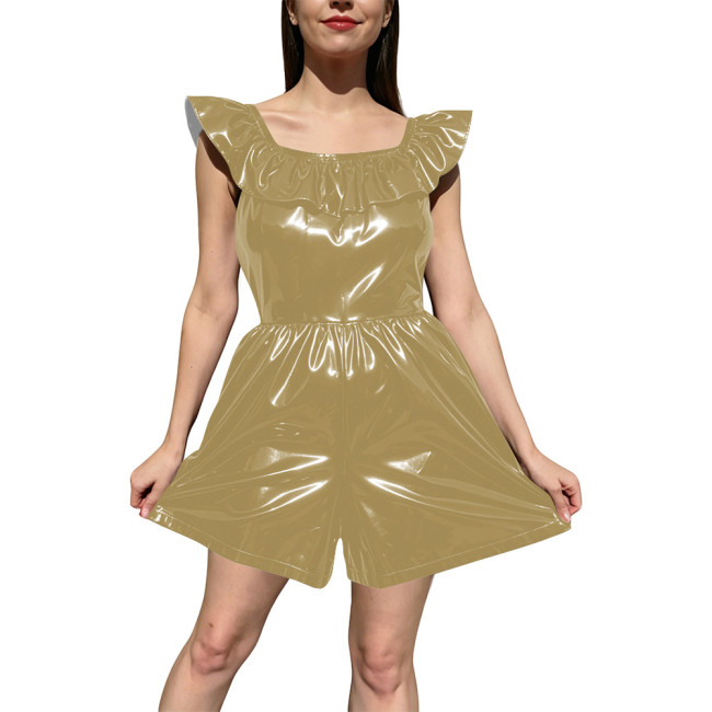 Fashion Ladies Shiny PVC Wetlook Rompers Party Off‑Shoulder Ruffle Trim Sleeveless Short Jumpsuit High Waist Playsuit Clubwear