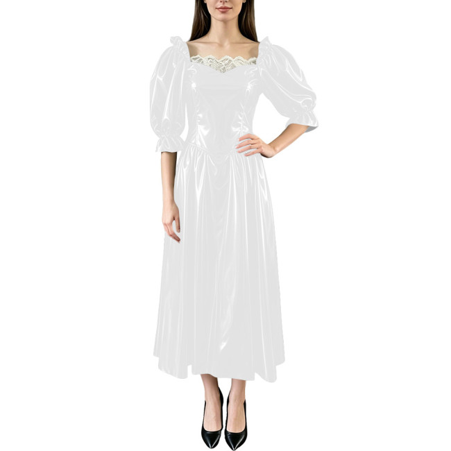Wet Look Fashion Square Neck Midi Dress Women Chic Bubble Sleeve Solid Color Waist PVC Shiny Dress Formal Ocassion Ball Gown