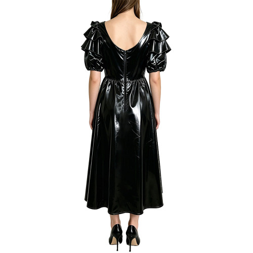 Elegant Vinyl PVC Leather Midi Dress for Women's Puff Sleeve Square Collar Solid Color Pleated A-line Dresses Evening Party Gown
