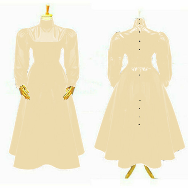 Sissy-Glossy PVC Leather Turtleneck Long Dress Long Sleeve Back Button Up Slim Fit Flared Maxi Dress Street Clubwear Wetlook