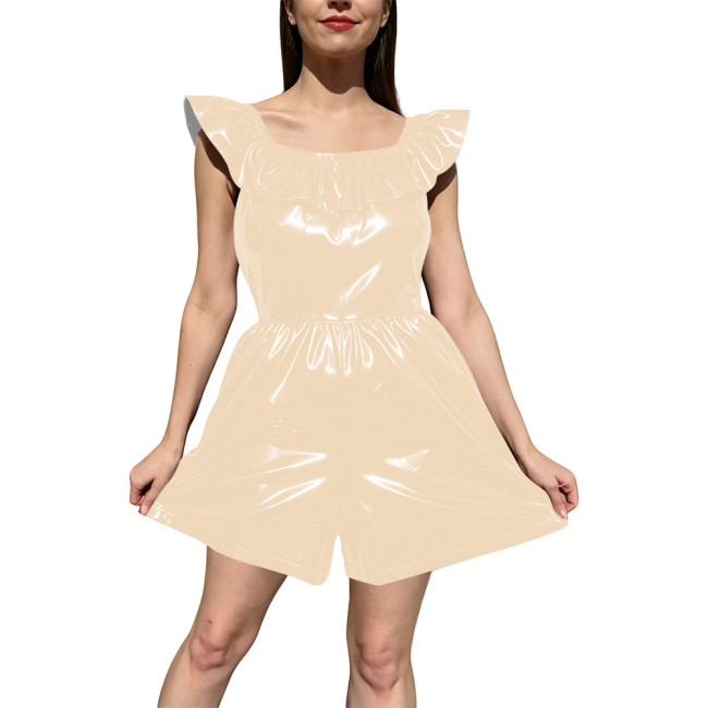 Fashion Ladies Shiny PVC Wetlook Rompers Party Off‑Shoulder Ruffle Trim Sleeveless Short Jumpsuit High Waist Playsuit Clubwear
