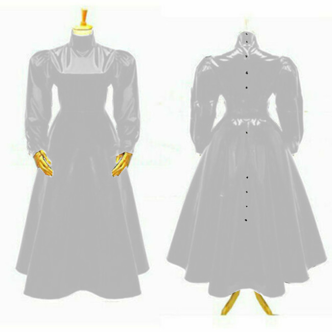 Sissy-Glossy PVC Leather Turtleneck Long Dress Long Sleeve Back Button Up Slim Fit Flared Maxi Dress Street Clubwear Wetlook