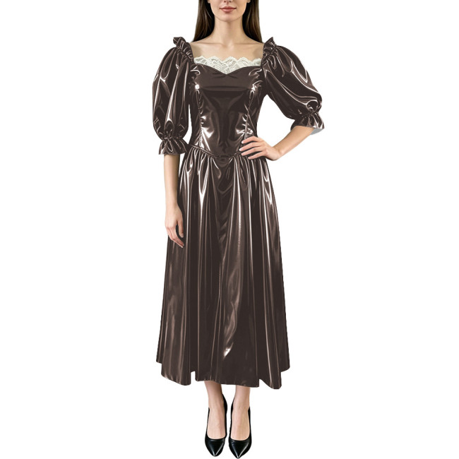 Wet Look Fashion Square Neck Midi Dress Women Chic Bubble Sleeve Solid Color Waist PVC Shiny Dress Formal Ocassion Ball Gown