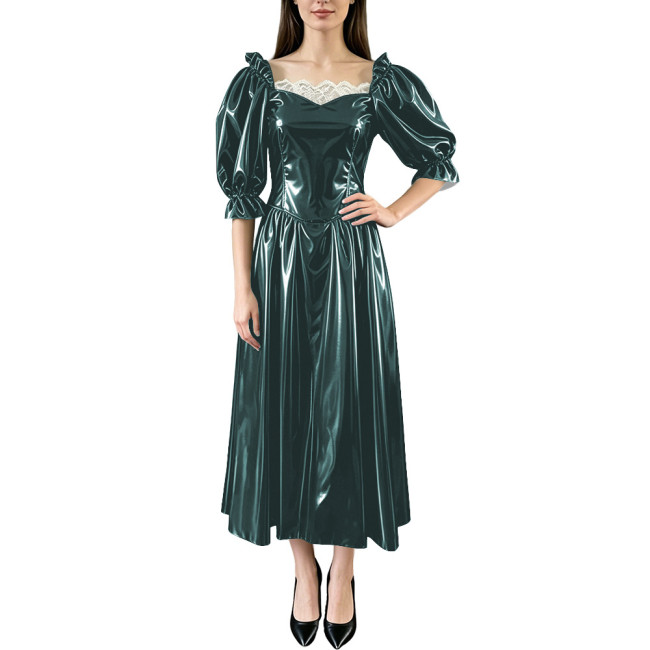 Wet Look Fashion Square Neck Midi Dress Women Chic Bubble Sleeve Solid Color Waist PVC Shiny Dress Formal Ocassion Ball Gown