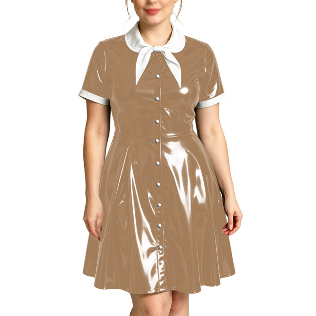 Vintage Style Bow Tie Neck PVC Vinyl Leather Mini Dress Single-Breasted Elegant Party Swing Dresses Cosplay Fancy Party Vestidos