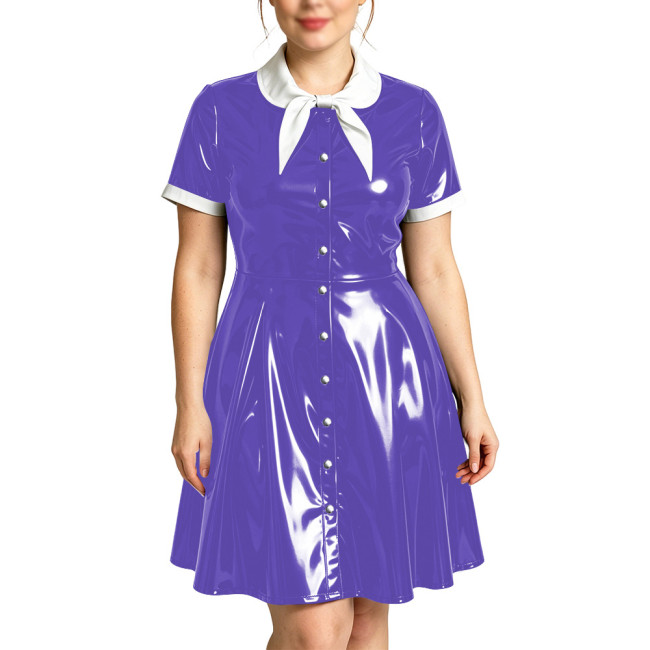 Vintage Style Bow Tie Neck PVC Vinyl Leather Mini Dress Single-Breasted Elegant Party Swing Dresses Cosplay Fancy Party Vestidos