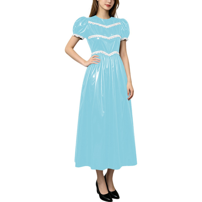 Plus Size Shiny Midi PVC Evening Dress Preppy Style Lace Puff Short Sleeve Long Flared Dresses Womens High Street Glossy Vestido