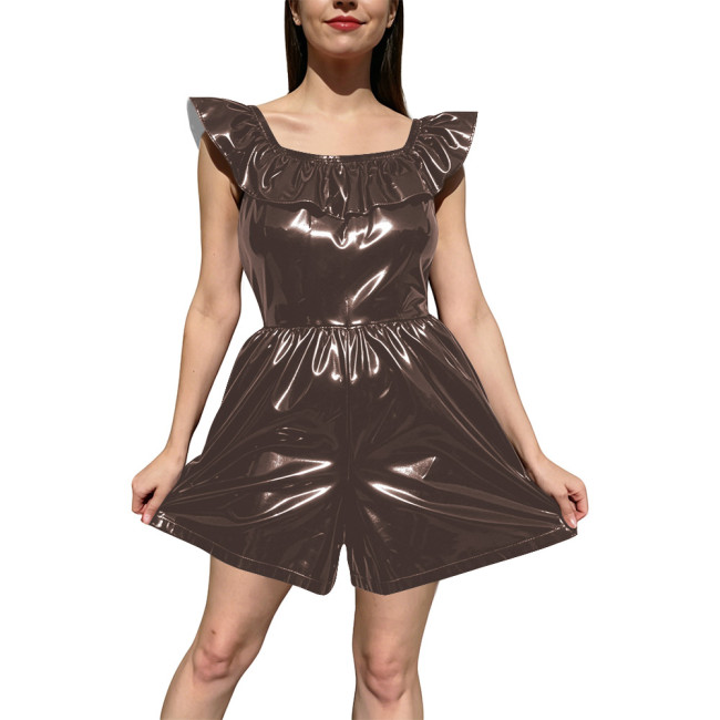 Fashion Ladies Shiny PVC Wetlook Rompers Party Off‑Shoulder Ruffle Trim Sleeveless Short Jumpsuit High Waist Playsuit Clubwear