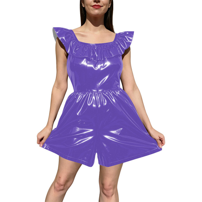 Fashion Ladies Shiny PVC Wetlook Rompers Party Off‑Shoulder Ruffle Trim Sleeveless Short Jumpsuit High Waist Playsuit Clubwear