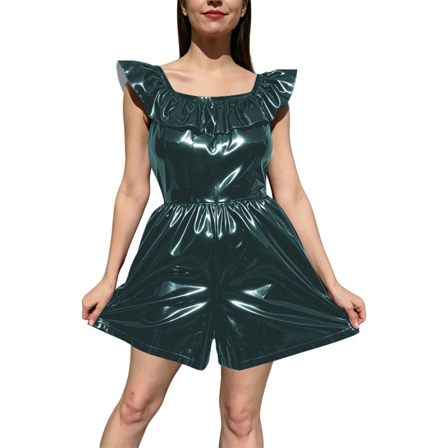 Fashion Ladies Shiny PVC Wetlook Rompers Party Off‑Shoulder Ruffle Trim Sleeveless Short Jumpsuit High Waist Playsuit Clubwear