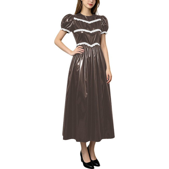 Plus Size Shiny Midi PVC Evening Dress Preppy Style Lace Puff Short Sleeve Long Flared Dresses Womens High Street Glossy Vestido