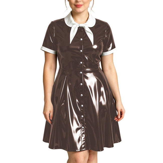 Vintage Style Bow Tie Neck PVC Vinyl Leather Mini Dress Single-Breasted Elegant Party Swing Dresses Cosplay Fancy Party Vestidos