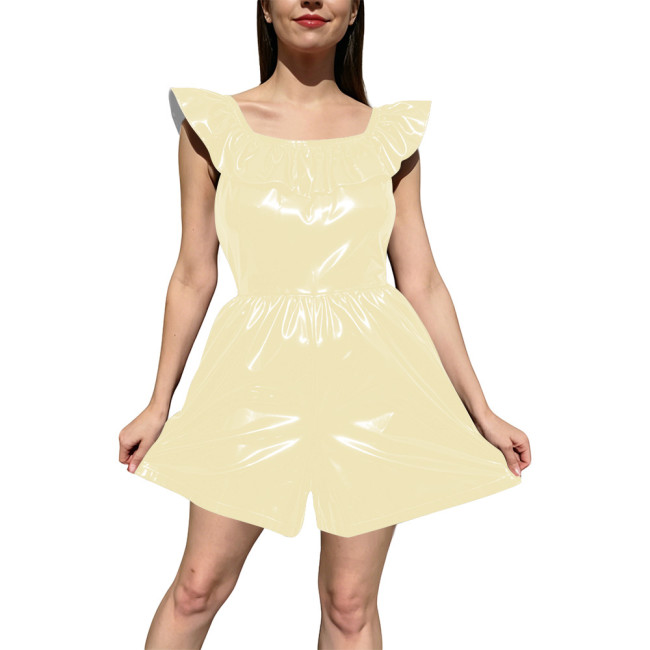 Fashion Ladies Shiny PVC Wetlook Rompers Party Off‑Shoulder Ruffle Trim Sleeveless Short Jumpsuit High Waist Playsuit Clubwear