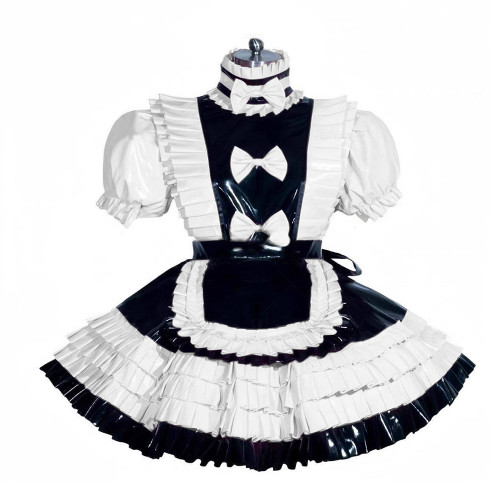 French Bowtie PVC Maid Unifroms Lolita Lockable Pleated Mini Dress Short Sleeve Sissy Fetish Party Cosplay Maid Dress Outfits
