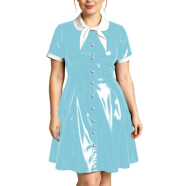 Vintage Style Bow Tie Neck PVC Vinyl Leather Mini Dress Single-Breasted Elegant Party Swing Dresses Cosplay Fancy Party Vestidos