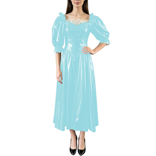 Wet Look Fashion Square Neck Midi Dress Women Chic Bubble Sleeve Solid Color Waist PVC Shiny Dress Formal Ocassion Ball Gown