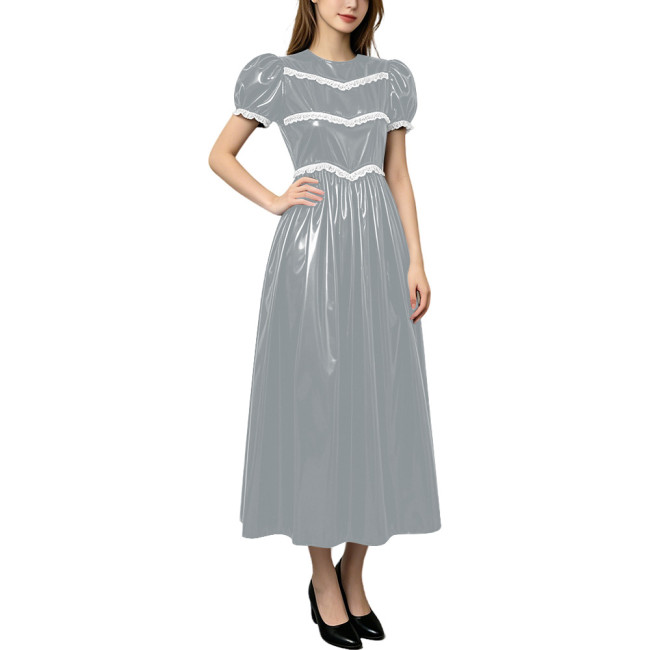 Plus Size Shiny Midi PVC Evening Dress Preppy Style Lace Puff Short Sleeve Long Flared Dresses Womens High Street Glossy Vestido