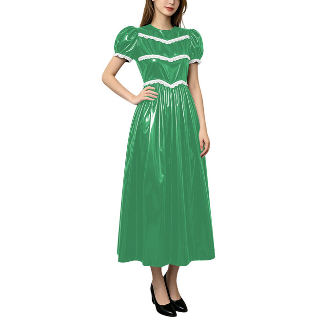 Plus Size Shiny Midi PVC Evening Dress Preppy Style Lace Puff Short Sleeve Long Flared Dresses Womens High Street Glossy Vestido