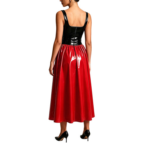 Plus Size Square Neck PVC Glossy Leather Midi Dress for Women Elegant Sleeveless Patchwork Flared Formal Long Dresses Partywear