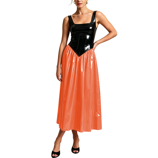 Plus Size Square Neck PVC Glossy Leather Midi Dress for Women Elegant Sleeveless Patchwork Flared Formal Long Dresses Partywear