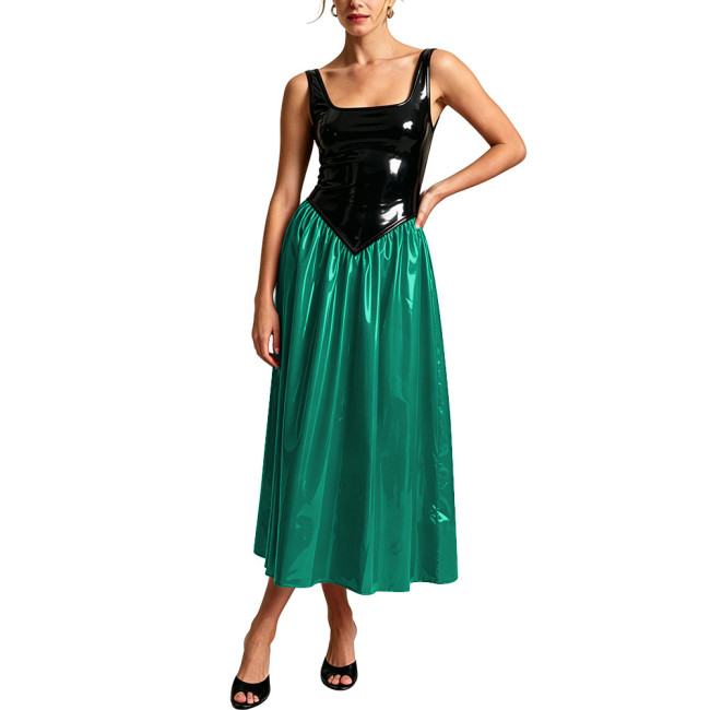 Plus Size Square Neck PVC Glossy Leather Midi Dress for Women Elegant Sleeveless Patchwork Flared Formal Long Dresses Partywear