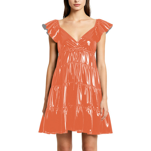 Plus Size Summer PVC Shiny Tiered Mini Dress Womens Wetlook V Neck Flutter Sleeve Backless Loose A-line Short Dresses Sundress