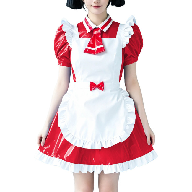 Sweet Girls Style Glossy Apron Maid Dress with Tie Wetlook PVC Leather Maid Uniforms Halloween Party Maidservant Cosplay Outfits
