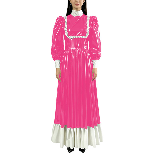 French Vintage PVC Shiny Swing Long Dresses Womens Long Sleeve Ruffles Patchwork Contrast Color Maxi Dress Occasion Party Gown