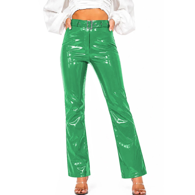Women's Street Trendy High Waist PVC Shiny Pants Shiny Faux Leather Straight Leg Trousers Office Ladies Glossy Bottom Clubwear