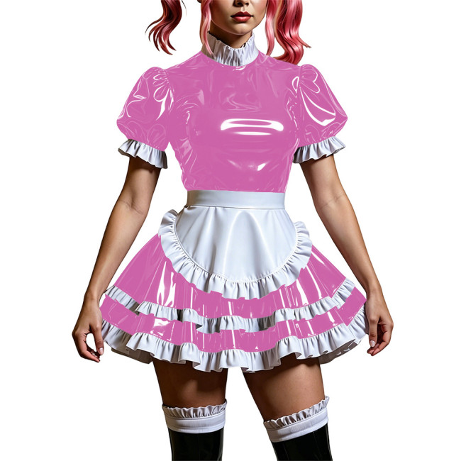 Sweet Faux-latex Look Mini Maid Dress for Women Gothic Lolita Puff Short Sleeve PVC Pleated Maid Uniforms Anime Cosplay Costume