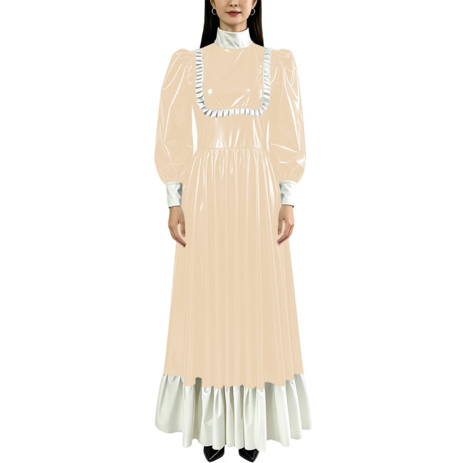 French Vintage PVC Shiny Swing Long Dresses Womens Long Sleeve Ruffles Patchwork Contrast Color Maxi Dress Occasion Party Gown