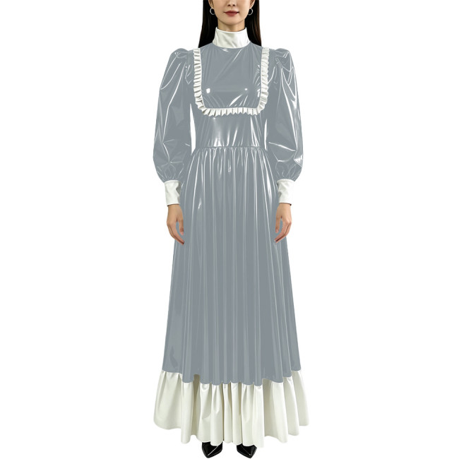 French Vintage PVC Shiny Swing Long Dresses Womens Long Sleeve Ruffles Patchwork Contrast Color Maxi Dress Occasion Party Gown
